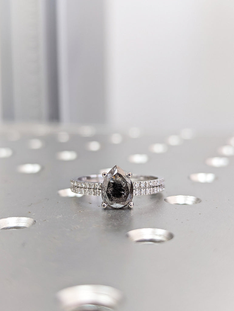 1920's Raw Salt and Pepper Diamond, Pear Diamond Ring, Unique Engagement Bridal Set, Black, Gray Pear, 14k Yellow, Rose, or White Gold