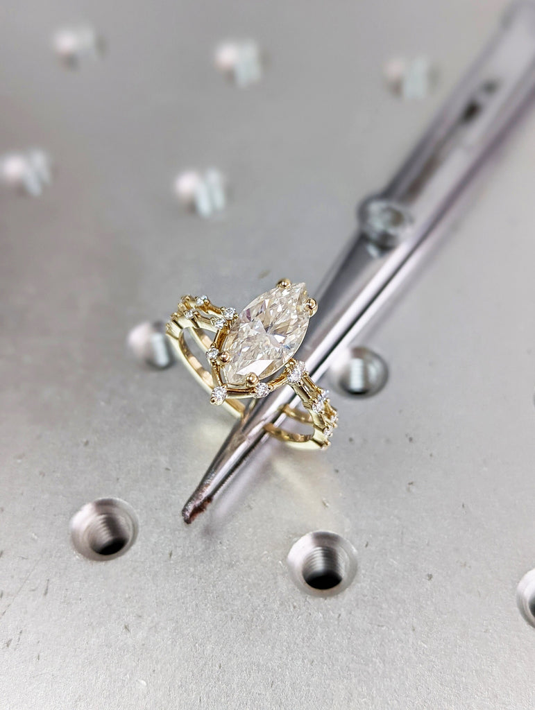 2 Carat Marquise Engagement Ring With Side Accent Stones, Wedding Ring, Anniversary Ring 14K Solid Real Yellow Gold, Bridal Set