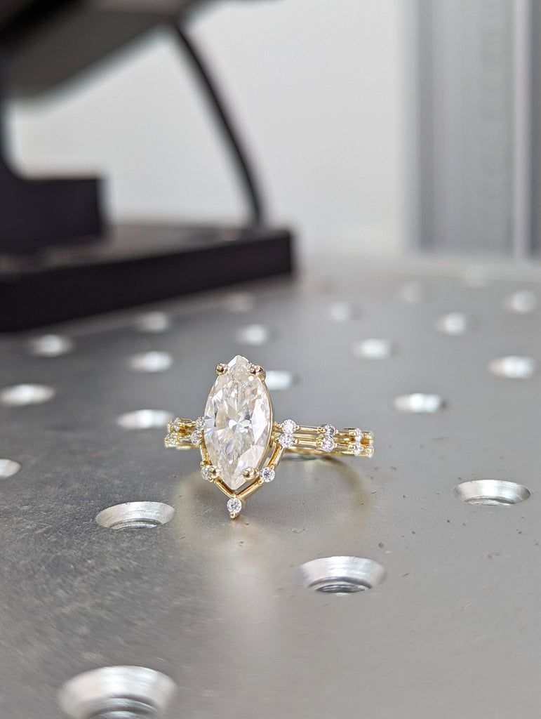 2 Carat Marquise Engagement Ring With Side Accent Moissanite Stones, Wedding Ring, Anniversary Ring 14K Solid Real Yellow Gold, Bridal Set