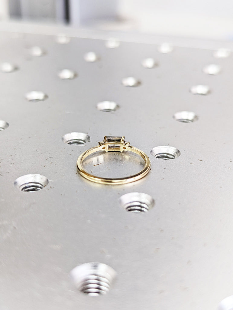 Baguette Emerald Raw Salt and Pepper Diamond Gold Engagement Ring Art Deco 1920's Inspired Thin Petite Band 14k Unique Ring for Her