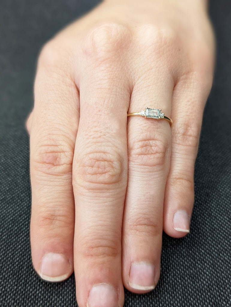 Baguette Emerald Raw Salt and Pepper Diamond Gold Engagement Ring Art Deco 1920's Inspired Thin Petite Band 14k Unique Ring for Her