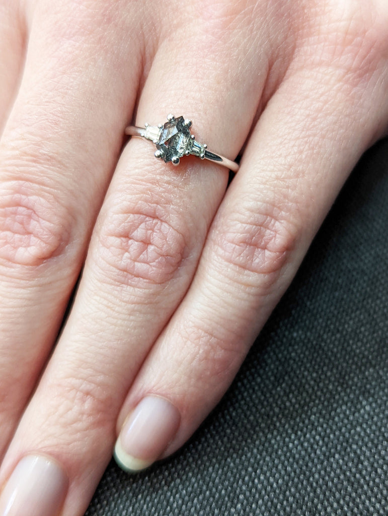 Raw Diamond Hexagon Tapered baguette Diamond, Salt and Pepper, Unique Bridal Engagement, Rose Cut Geometric Diamond Ring, Custom Handmade