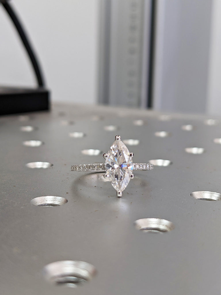 1.5 Carat Marquise Engagement Ring With Side Accent Stones, Wedding Ring, Anniversary Ring 14K Solid Real White Gold