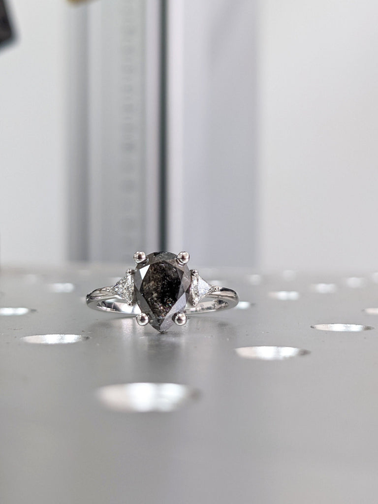 1.75 Carat 1920's Raw Salt and Pepper Diamond, Pear Diamond Ring, Unique Engagement Bridal Set, Black Gray Pear, 14k Yellow, Rose White Gold