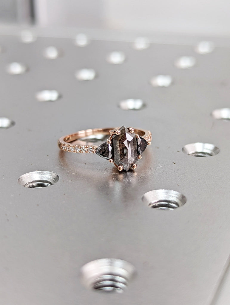 Raw Diamond Hexagon Triangle Diamond, Salt and Pepper, Unique Engagement Ring, Rose Cut Geometric Diamond Ring, 14k Gold, Custom Handmade