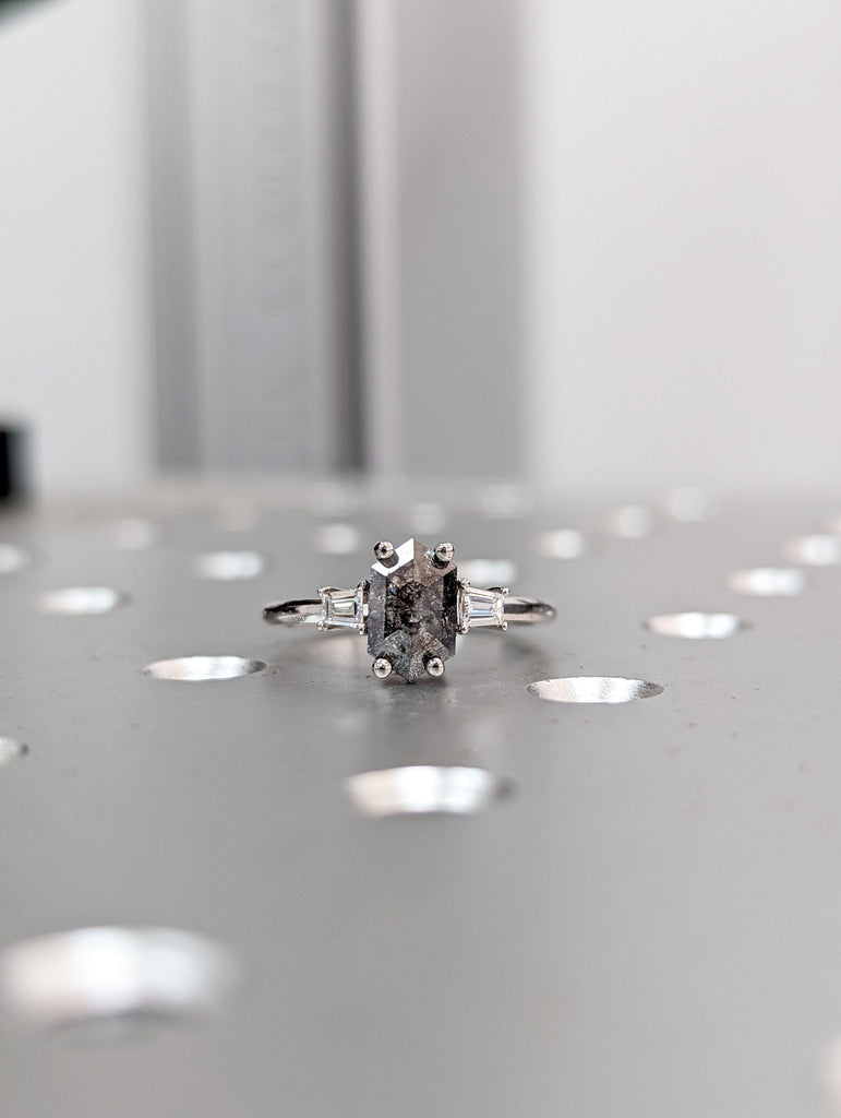 Raw Diamond Hexagon Tapered baguette Diamond, Salt and Pepper, Unique Bridal Engagement, Rose Cut Geometric Diamond Ring, Custom Handmade