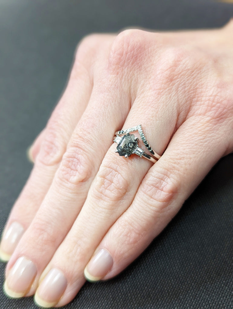 Raw Diamond Hexagon Tapered baguette Diamond, Salt and Pepper, Unique Bridal Engagement, Rose Cut Geometric Diamond Ring, Custom Handmade