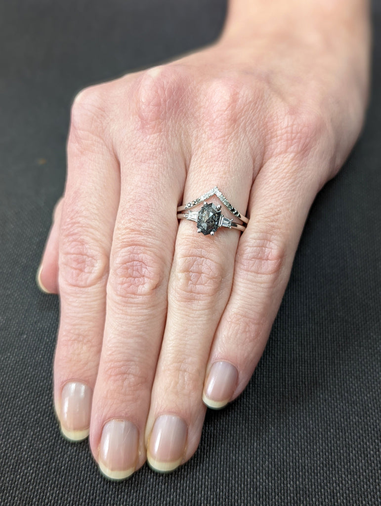 Raw Diamond Hexagon Tapered baguette Diamond, Salt and Pepper, Unique Bridal Engagement, Rose Cut Geometric Diamond Ring, Custom Handmade