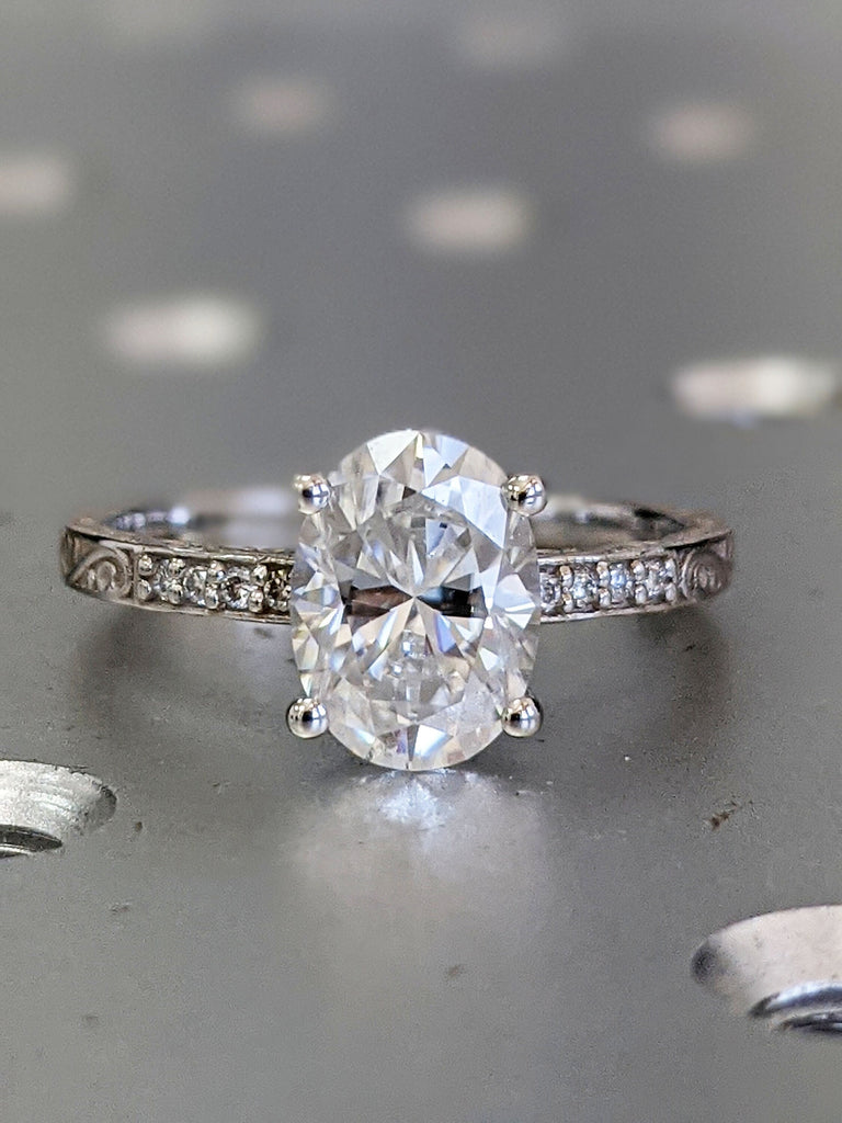 1.5cts Moissanite Oval Engagement Ring, Solitaire Wedding Ring, Engagement Ring Filigree Band White Gold Vintage Band Art Deco