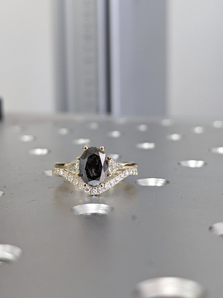 1.5 Carat 1920's Raw Salt and Pepper Diamond, Oval Diamond Ring, Unique Engagement Bridal Set, Black Gray Oval, 14k Yellow, Rose White Gold