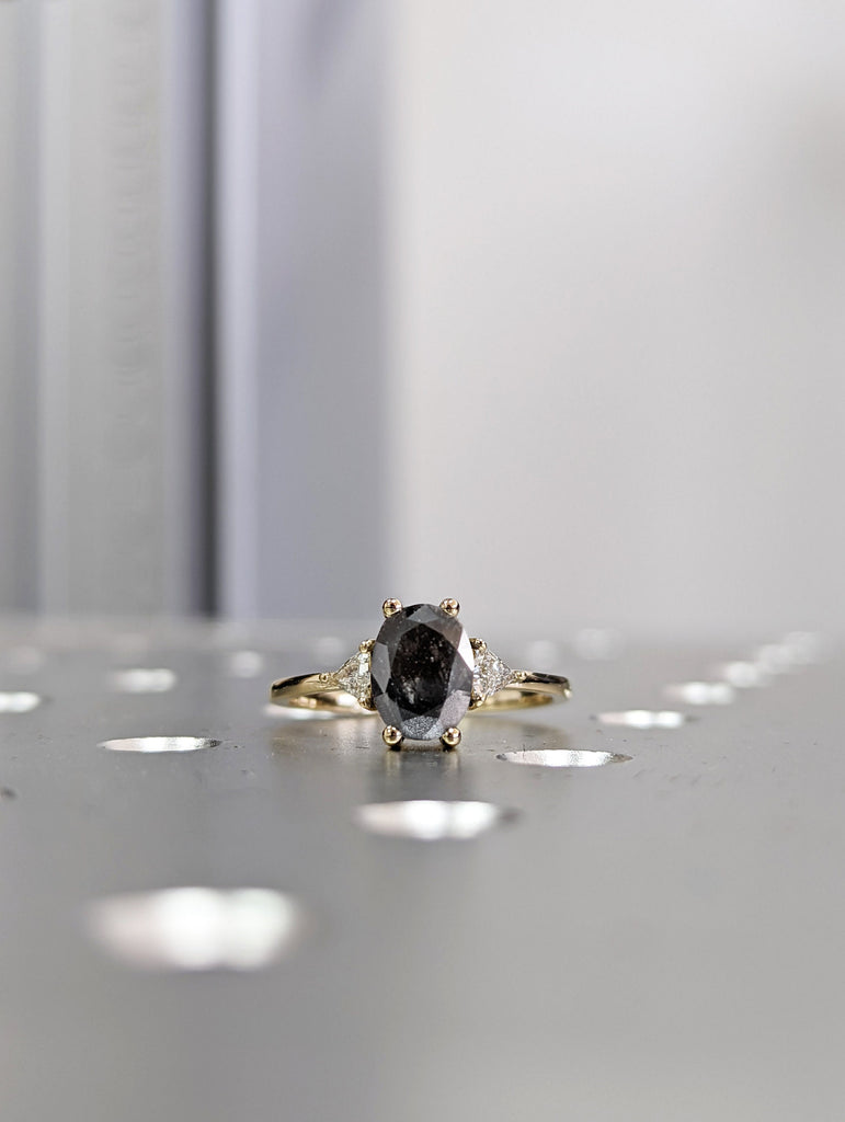 1.5 Carat 1920's Raw Salt and Pepper Diamond, Oval Diamond Ring, Unique Engagement Bridal Set, Black Gray Oval, 14k Yellow, Rose White Gold
