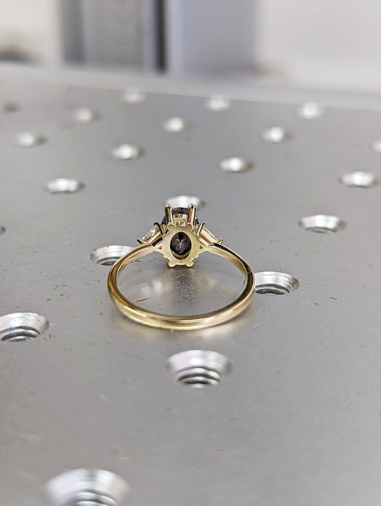 1.5 Carat 1920's Raw Salt and Pepper Diamond, Oval Diamond Ring, Unique Engagement Bridal Set, Black Gray Oval, 14k Yellow, Rose White Gold