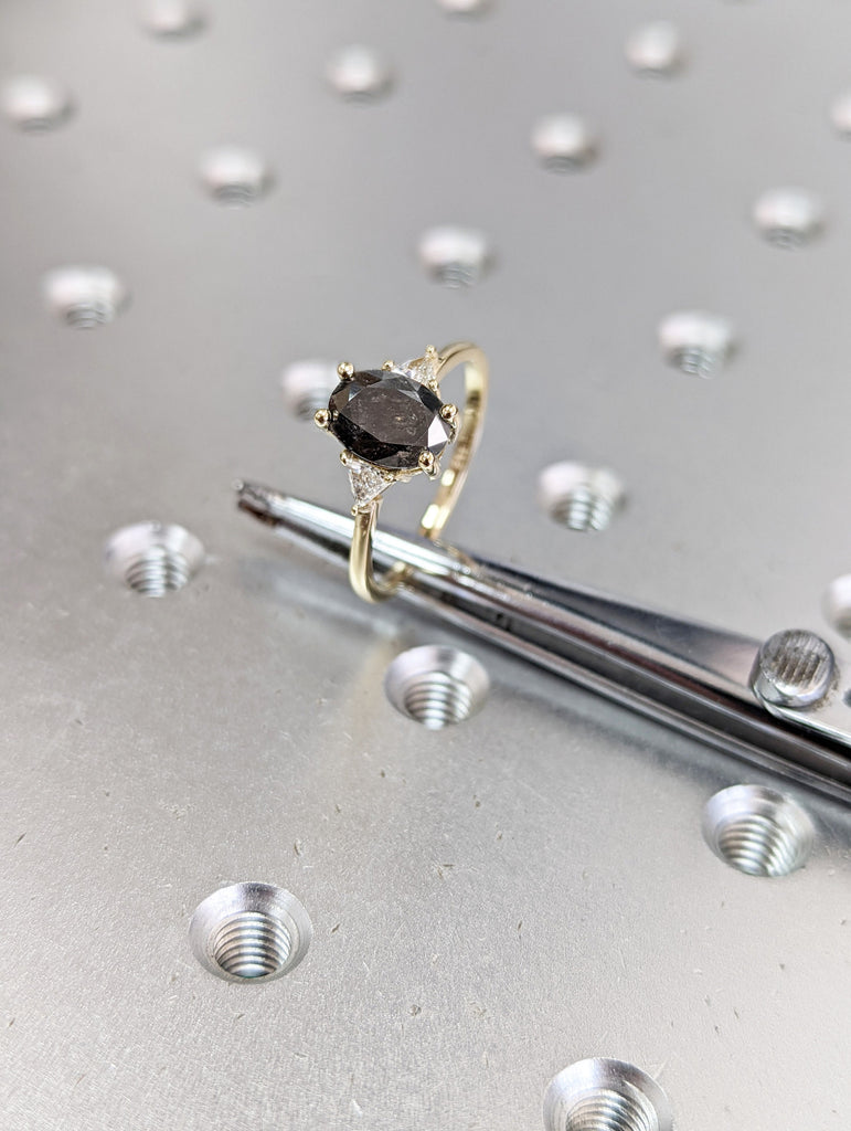 1.5 Carat 1920's Raw Salt and Pepper Diamond, Oval Diamond Ring, Unique Engagement Bridal Set, Black Gray Oval, 14k Yellow, Rose White Gold