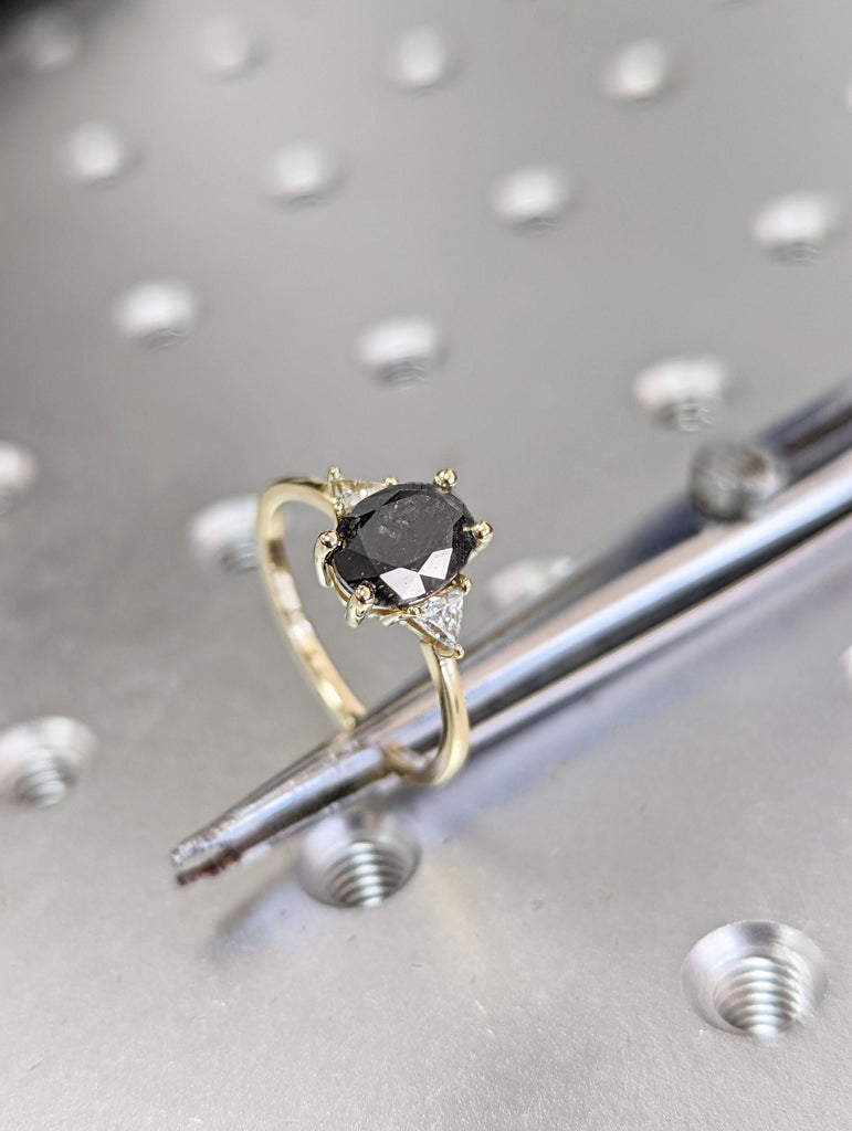 1.5 Carat 1920's Raw Salt and Pepper Diamond, Oval Diamond Ring, Unique Engagement Bridal Set, Black Gray Oval, 14k Yellow, Rose White Gold