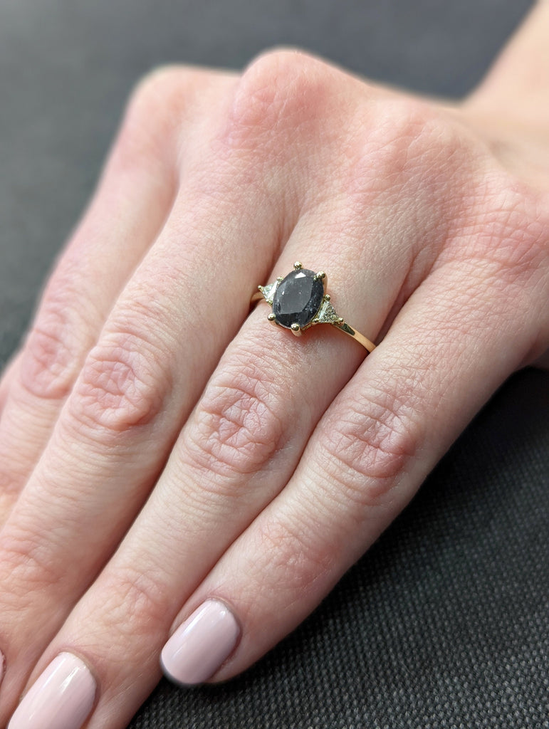 1.5 Carat 1920's Raw Salt and Pepper Diamond, Oval Diamond Ring, Unique Engagement Bridal Set, Black Gray Oval, 14k Yellow, Rose White Gold