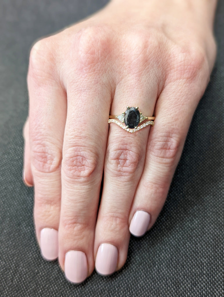 1.5 Carat 1920's Raw Salt and Pepper Diamond, Oval Diamond Ring, Unique Engagement Bridal Set, Black Gray Oval, 14k Yellow, Rose White Gold