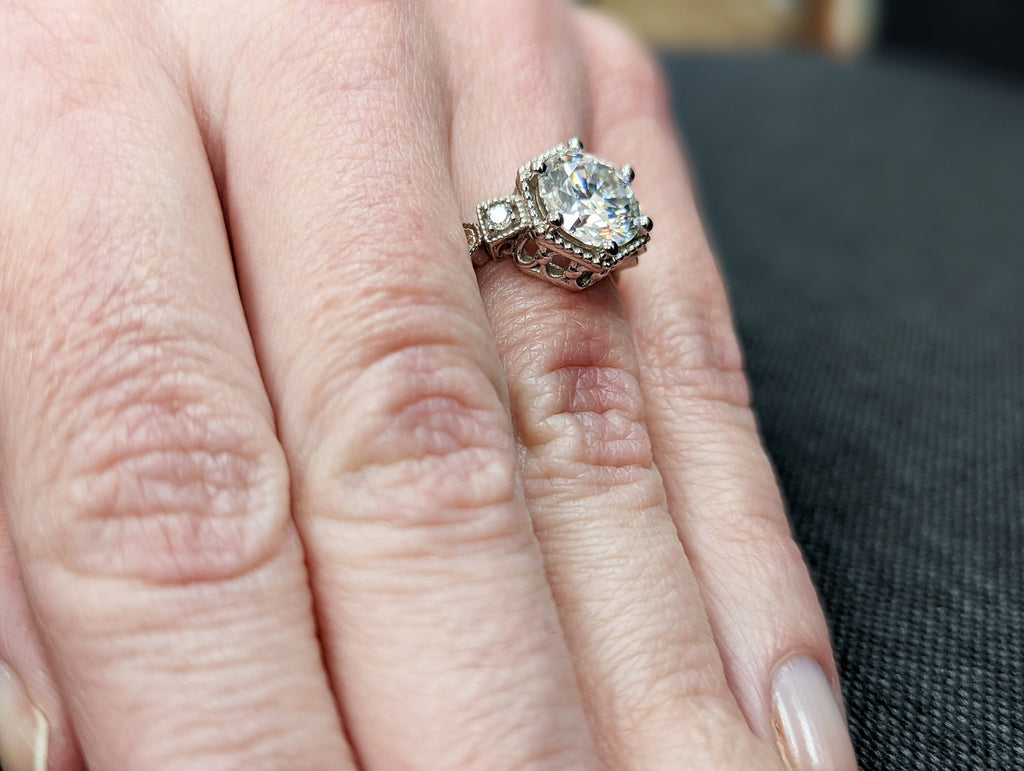 Vintage moissanite engagement ring 14k white gold diamond Art deco wedding ring diamond Vintage Filigree Ring engagement anniversary promise