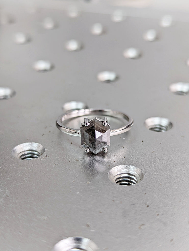 Raw Diamond, Salt and Pepper, Hexagon, Unique Engagement Ring, Rose Cut Geometric Diamond Ring, 14k Gold, Custom Handmade