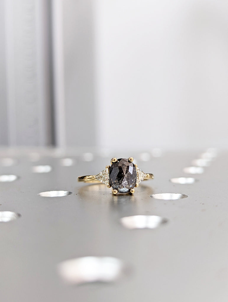 Raw Diamond Oval Triangle Diamond, Salt and Pepper, Unique Engagement Ring, Rose Cut Geometric Diamond Ring, 14k Gold, Custom Handmade