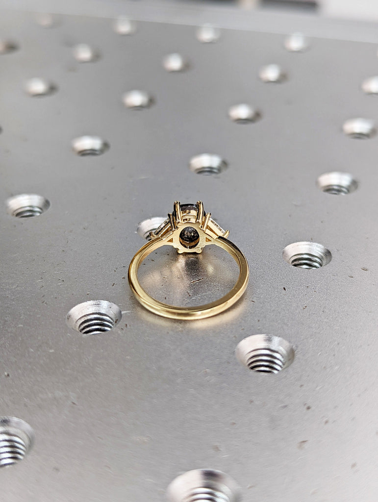 Raw Diamond Oval Triangle Diamond, Salt and Pepper, Unique Engagement Ring, Rose Cut Geometric Diamond Ring, 14k Gold, Custom Handmade