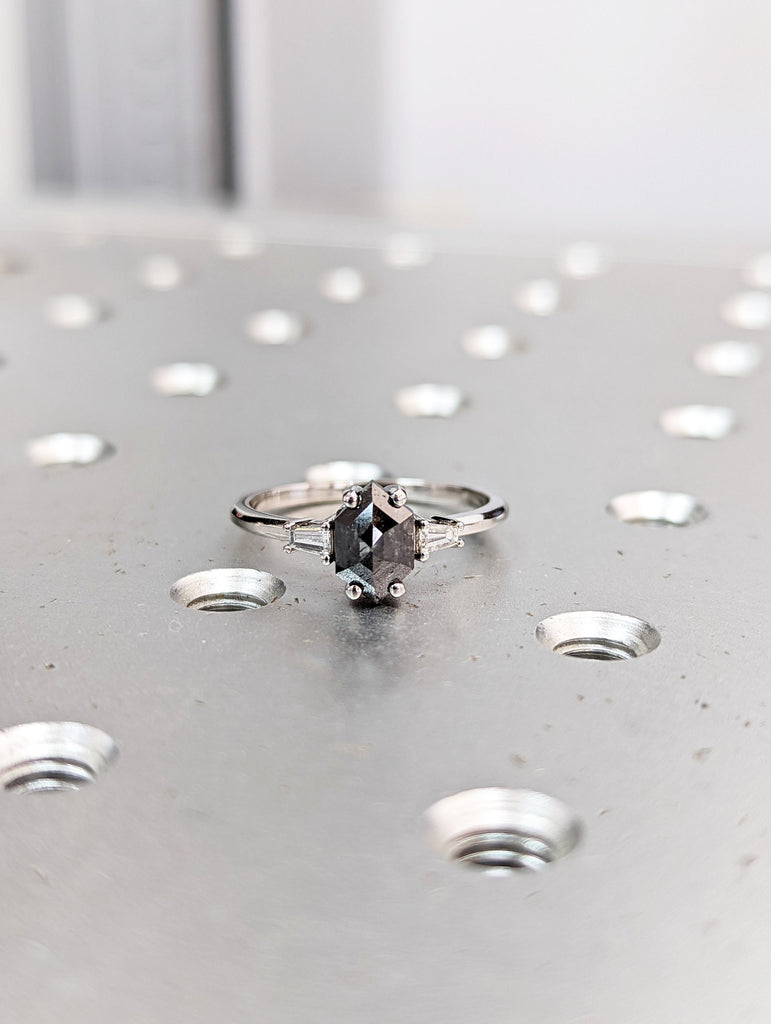 Raw Diamond Hexagon Tapered baguette Diamond, Salt and Pepper, Unique Bridal Engagement, Rose Cut Geometric Diamond Ring, Custom Handmade