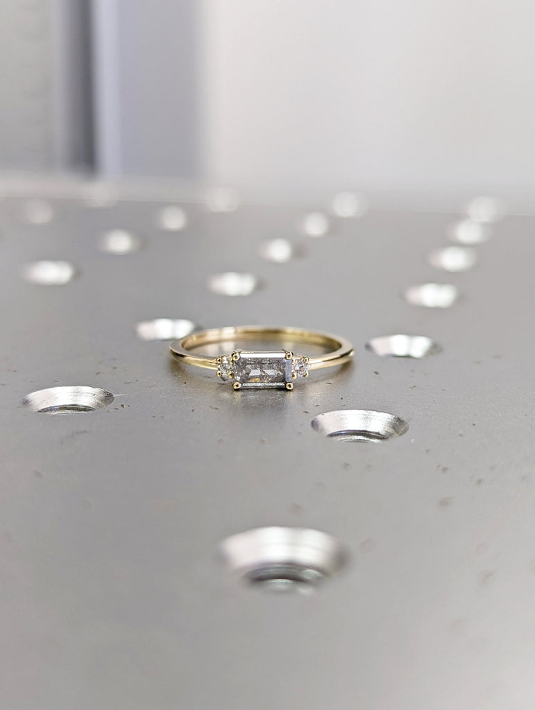 Baguette Emerald Raw Salt and Pepper Diamond Gold Engagement Ring Art Deco 1920's Inspired Thin Petite Band 14k Unique Ring for Her