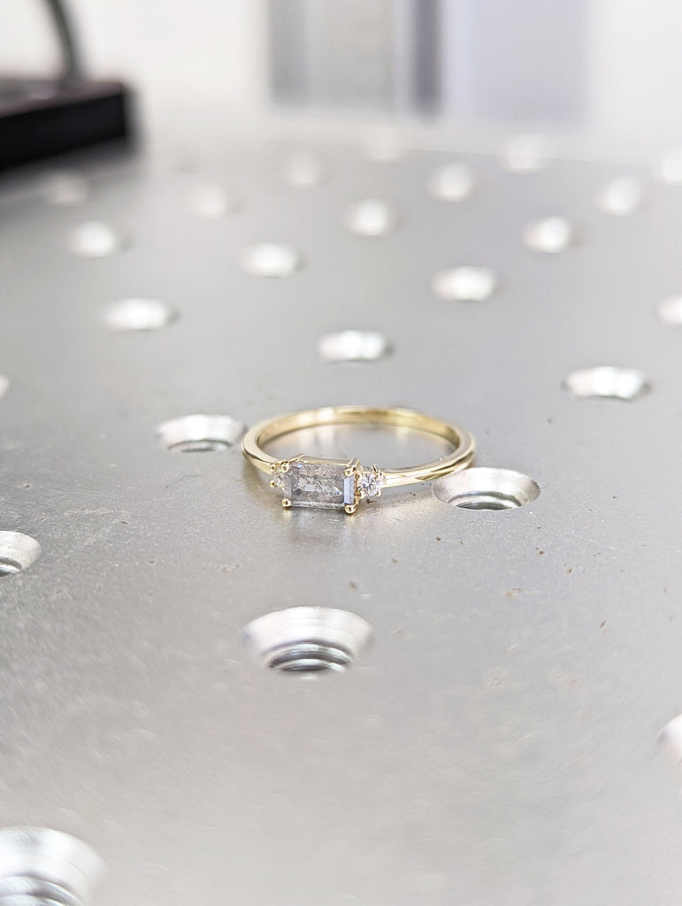 Baguette Emerald Raw Salt and Pepper Diamond Gold Engagement Ring Art Deco 1920's Inspired Thin Petite Band 14k Unique Ring for Her