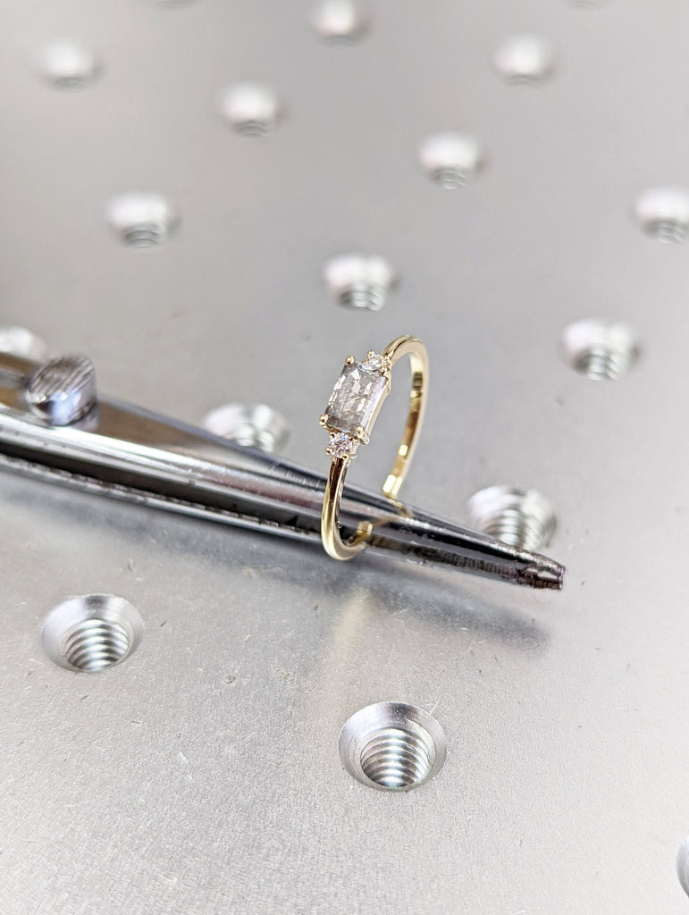 Baguette Emerald Raw Salt and Pepper Diamond Gold Engagement Ring Art Deco 1920's Inspired Thin Petite Band 14k Unique Ring for Her