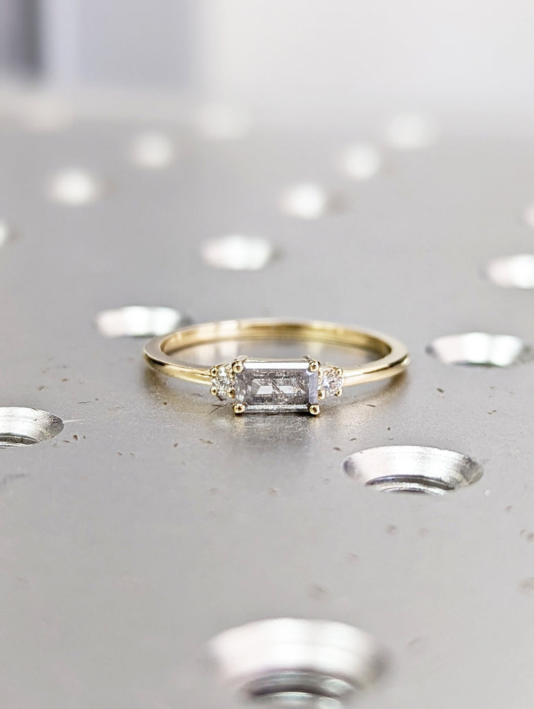 Baguette Emerald Raw Salt and Pepper Diamond Gold Engagement Ring Art Deco 1920's Inspired Thin Petite Band 14k Unique Ring for Her
