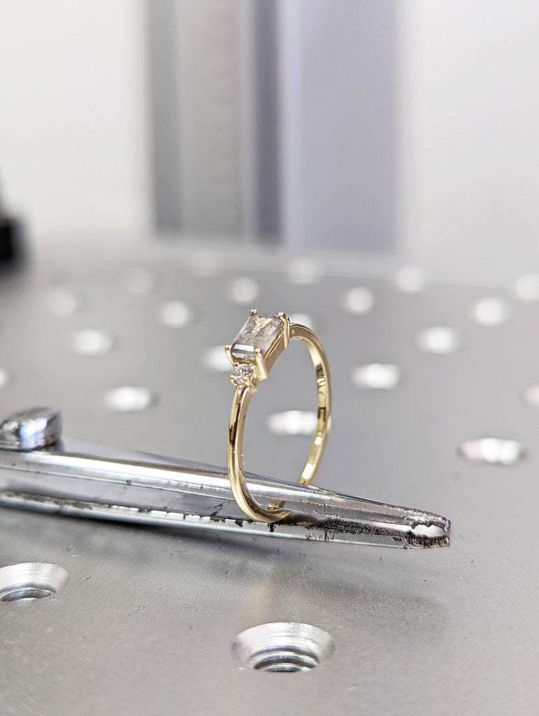 Baguette Emerald Raw Salt and Pepper Diamond Gold Engagement Ring Art Deco 1920's Inspired Thin Petite Band 14k Unique Ring for Her