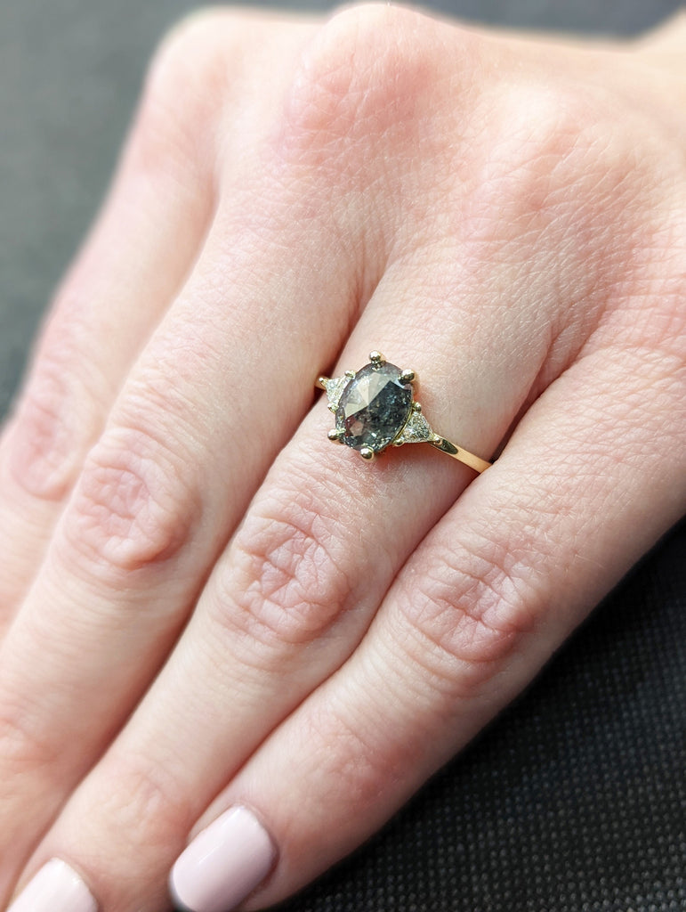 Raw Diamond Oval Triangle Diamond, Salt and Pepper, Unique Engagement Ring, Rose Cut Geometric Diamond Ring, 14k Gold, Custom Handmade