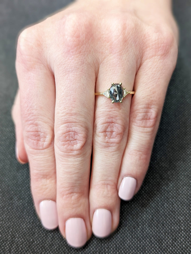 Raw Diamond Oval Triangle Diamond, Salt and Pepper, Unique Engagement Ring, Rose Cut Geometric Diamond Ring, 14k Gold, Custom Handmade