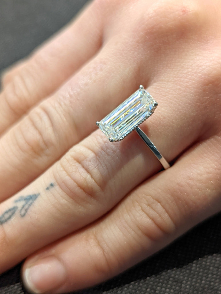 Hidden Halo 13X6 Elongated Emerald Cut Solitaire Engagement Ring, Emerald Cut Engagement Ring, 3 Ct Solid 14k Moissanite Engagement Ring