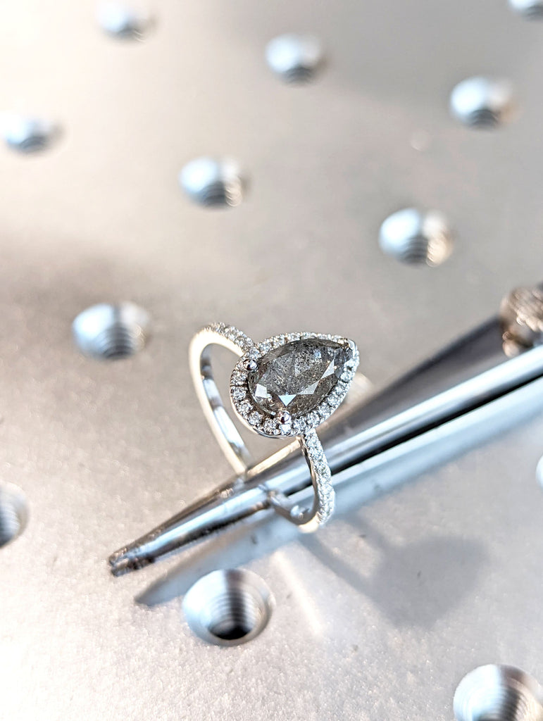 1920's Raw Salt and Pepper Diamond Halo, Pear Diamond Halo Ring, Unique Engagement Bridal Set, Black, Gray Pear, 14k Yellow Rose White Gold