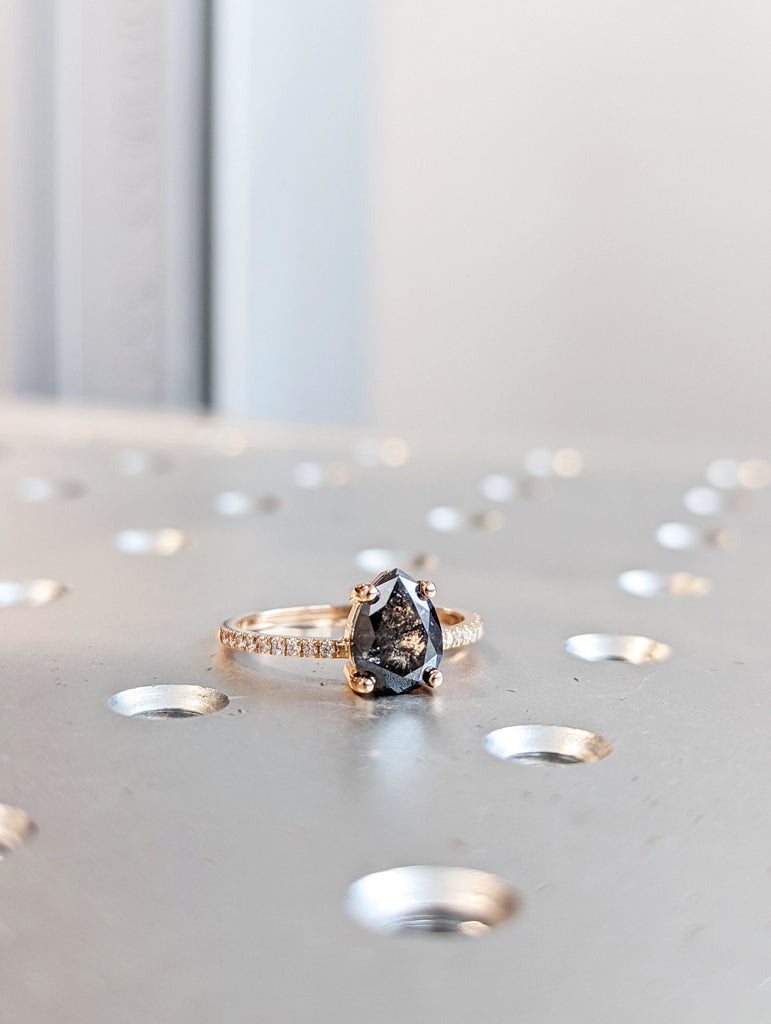 1920's Raw Salt and Pepper Diamond, Pear Diamond Ring, Unique Engagement Bridal Set, Black, Gray Pear, 14k Yellow, Rose, or White Gold