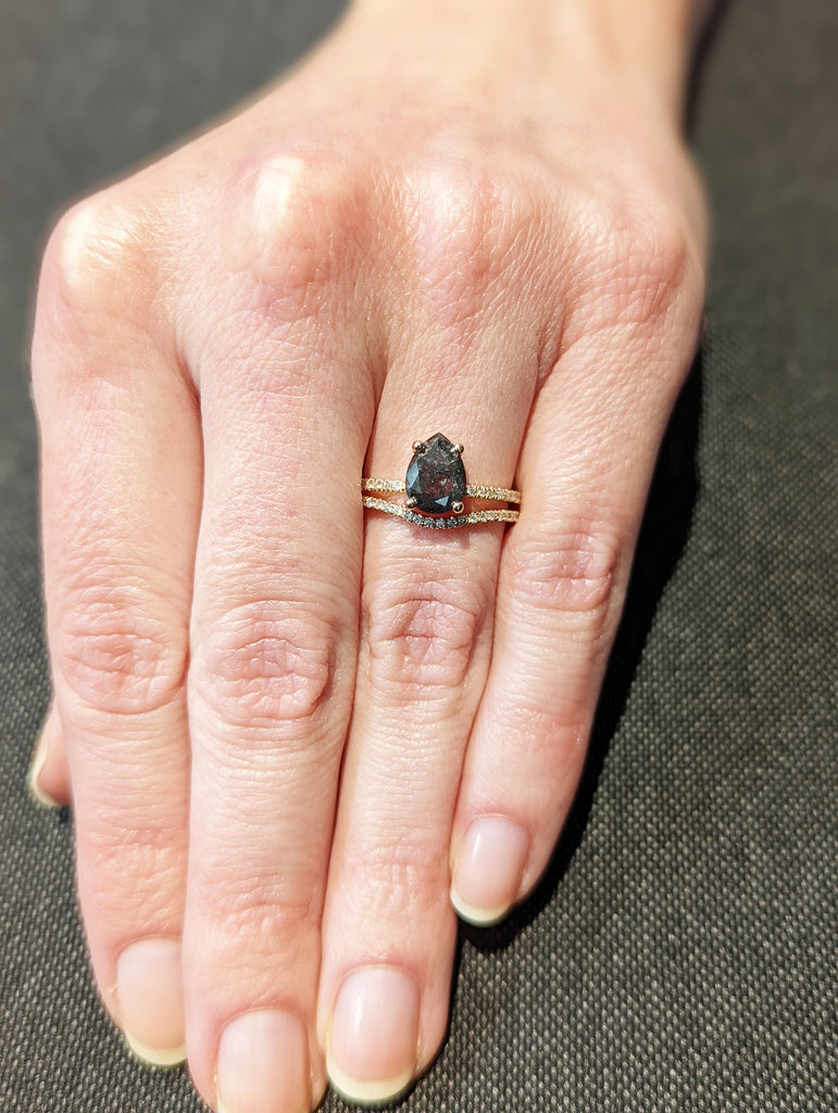 1920's Raw Salt and Pepper Diamond, Pear Diamond Ring, Unique Engagement Bridal Set, Black, Gray Pear, 14k Yellow, Rose, or White Gold
