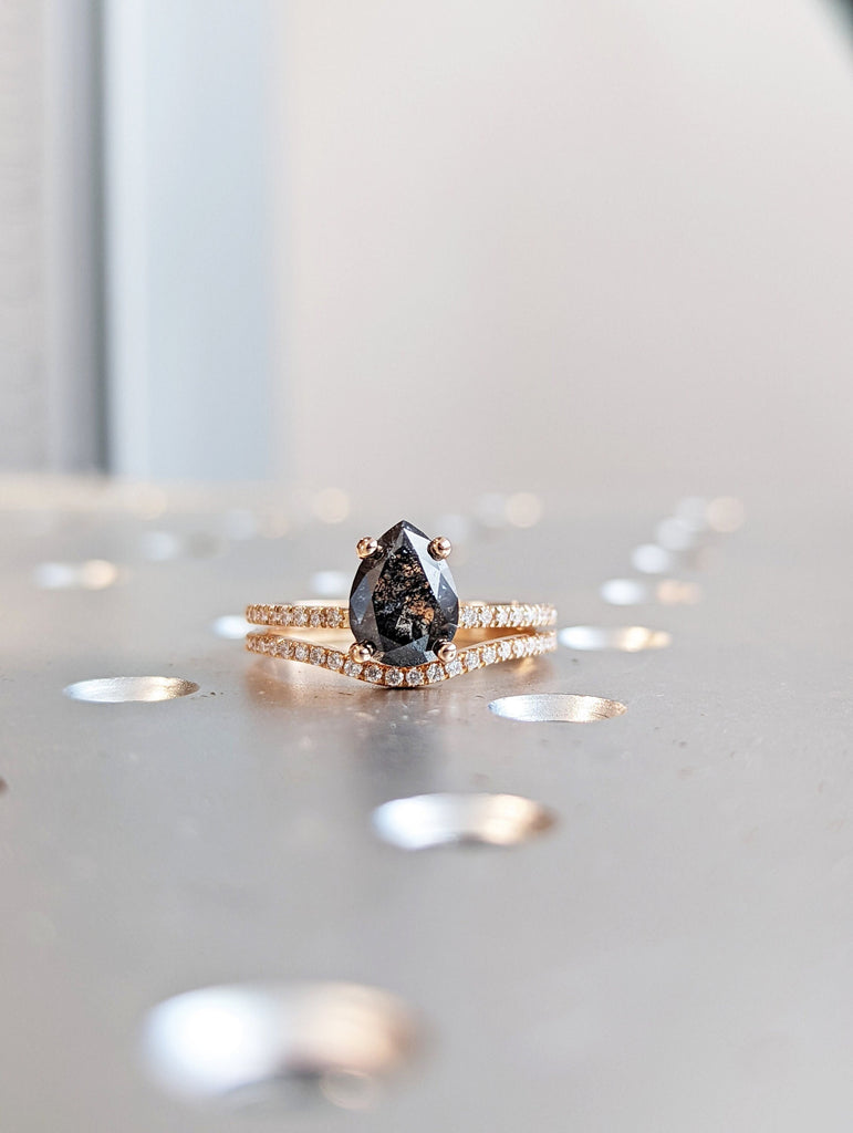1920's Raw Salt and Pepper Diamond, Pear Diamond Ring, Unique Engagement Bridal Set, Black, Gray Pear, 14k Yellow, Rose, or White Gold