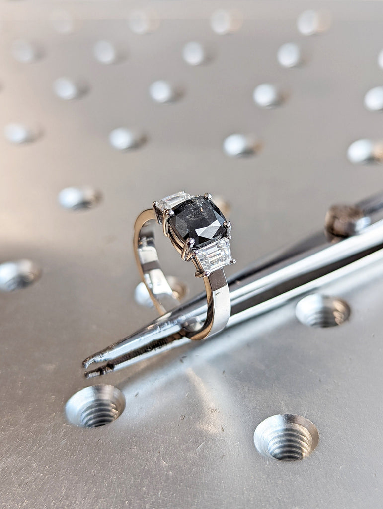 Cushion Cut and Trapezoid Cut Engagement Ring, Raw Diamond Ring, Salt and Pepper, Unique Engagement Ring, three stone Diamond Ring