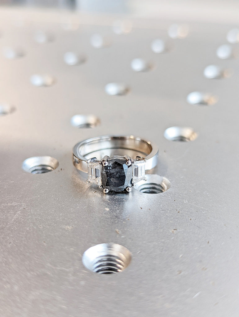 1.5 ct. Cushion salt & pepper Trapezoid Engagement Ring, Raw Diamond Ring, Salt and Pepper, Unique Engagement Ring, three stone Diamond Ring