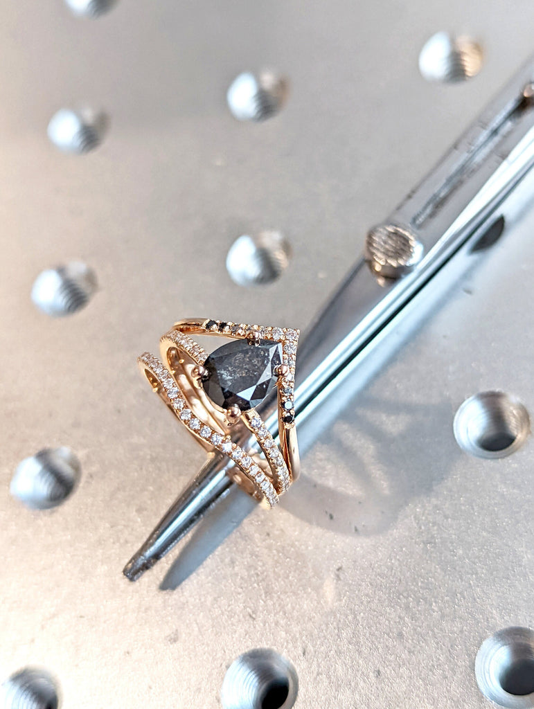 1.5 Carat 1920's Raw Salt and Pepper Diamond, Pear Diamond Ring, Unique Engagement Bridal Set, Black, Gray Pear, 14k Yellow, Rose White Gold