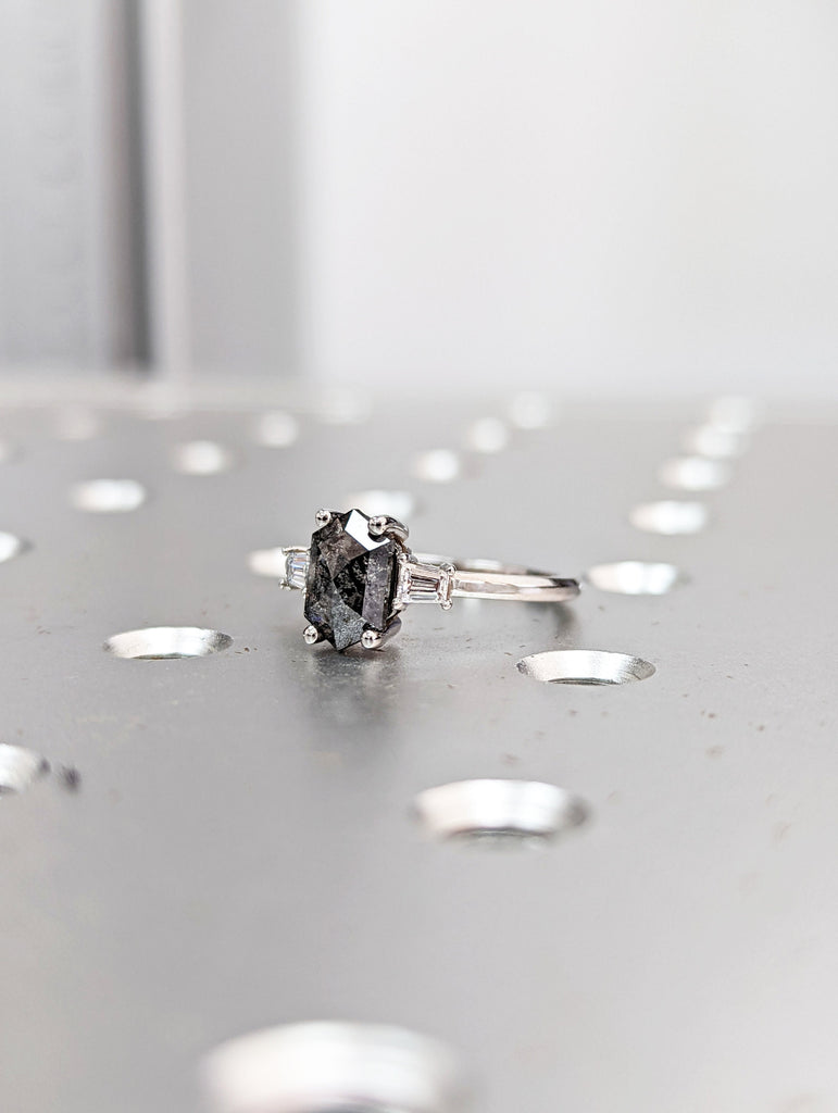 Raw Diamond Hexagon Tapered baguette Diamond, Salt and Pepper, Unique Bridal Engagement, Rose Cut Geometric Diamond Ring, Custom Handmade