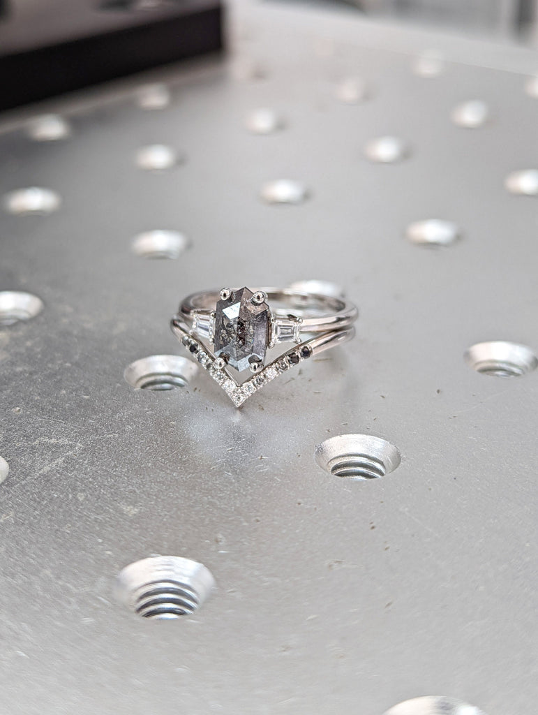 Raw Diamond Hexagon Tapered baguette Diamond, Salt and Pepper, Unique Bridal Engagement, Rose Cut Geometric Diamond Ring, Custom Handmade