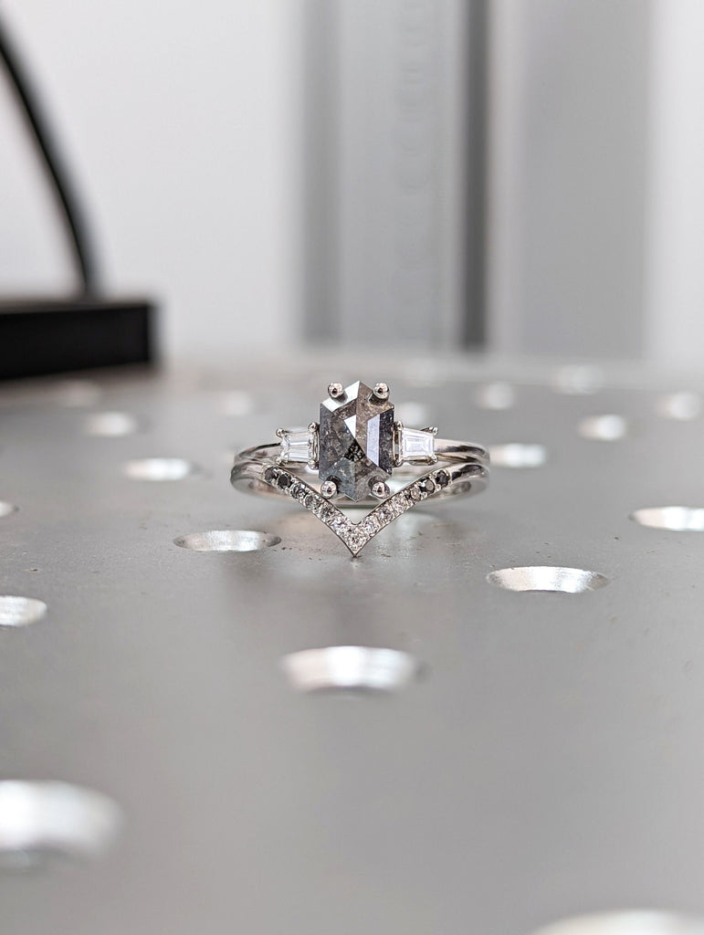 Raw Diamond Hexagon Tapered baguette Diamond, Salt and Pepper, Unique Bridal Engagement, Rose Cut Geometric Diamond Ring, Custom Handmade