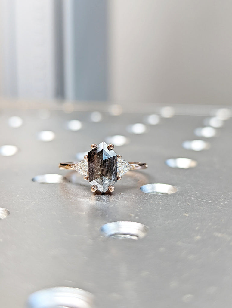 Raw Diamond Hexagon Triangle Diamond, Salt and Pepper, Plain Unique Bridal Engagement Set, Rose Cut Geometric Diamond Ring, Custom Handmade