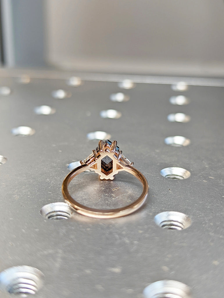 Raw Diamond Hexagon Triangle Diamond, Salt and Pepper, Plain Unique Bridal Engagement Set, Rose Cut Geometric Diamond Ring, Custom Handmade