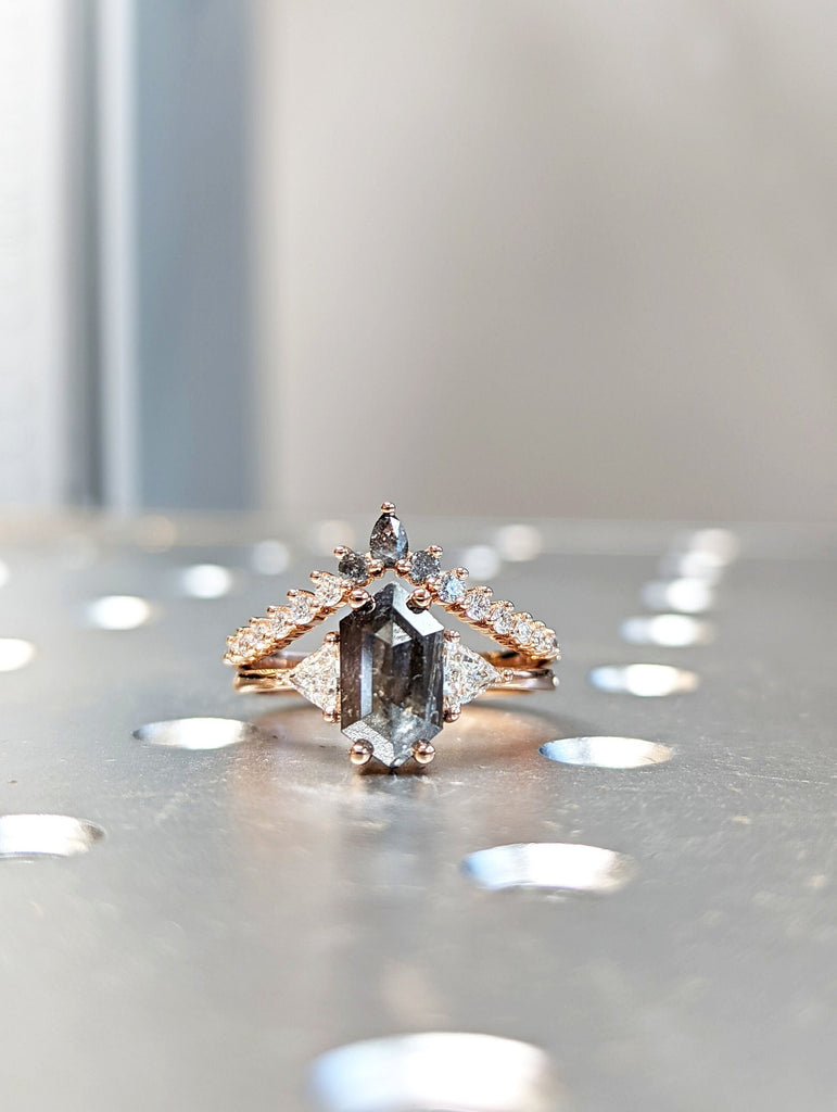 Raw Diamond Hexagon Triangle Diamond, Salt and Pepper, Plain Unique Bridal Engagement Set, Rose Cut Geometric Diamond Ring, Custom Handmade