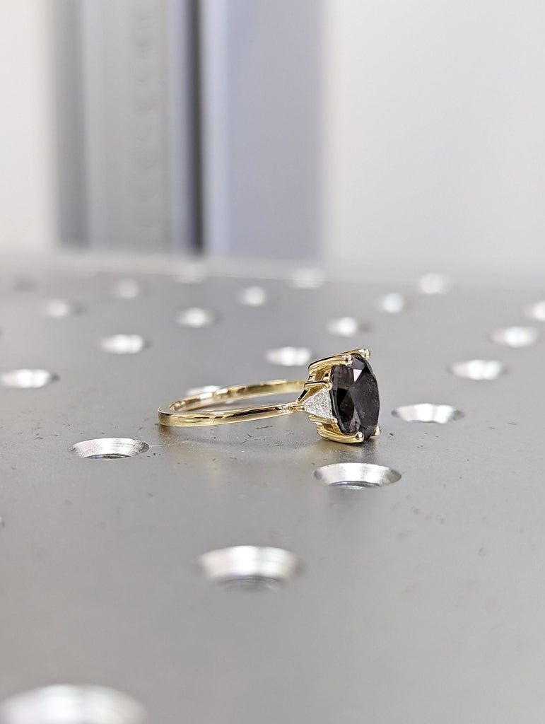 1.5 Carat 1920's Raw Salt and Pepper Diamond, Oval Diamond Ring, Unique Engagement Bridal Set, Black Gray Oval, 14k Yellow, Rose White Gold