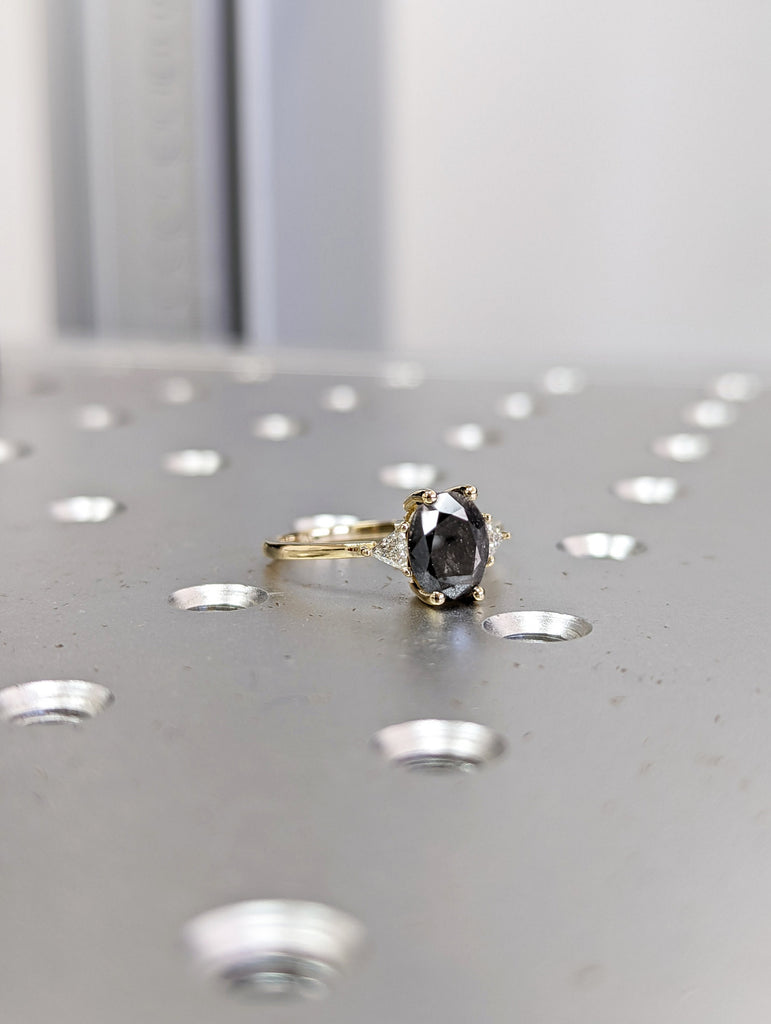 1.5 Carat 1920's Raw Salt and Pepper Diamond, Oval Diamond Ring, Unique Engagement Bridal Set, Black Gray Oval, 14k Yellow, Rose White Gold