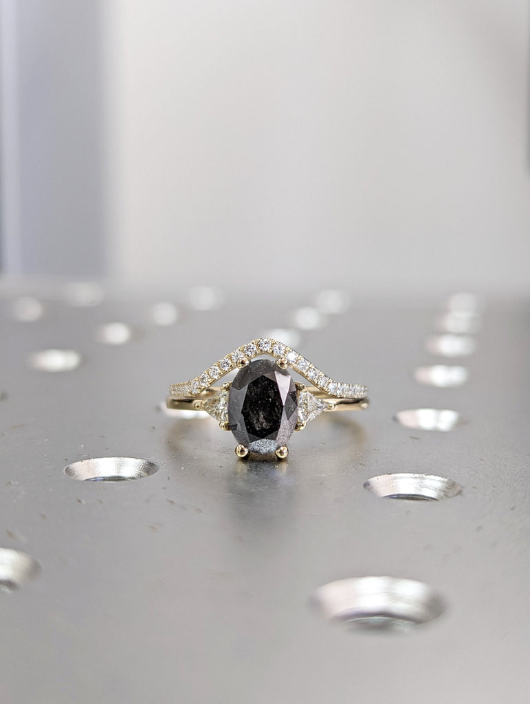 1.5 Carat 1920's Raw Salt and Pepper Diamond, Oval Diamond Ring, Unique Engagement Bridal Set, Black Gray Oval, 14k Yellow, Rose White Gold