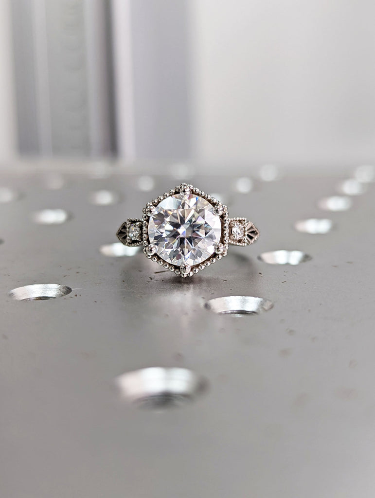 Vintage moissanite engagement ring 14k white gold diamond Art deco wedding ring diamond Vintage Filigree Ring engagement anniversary promise